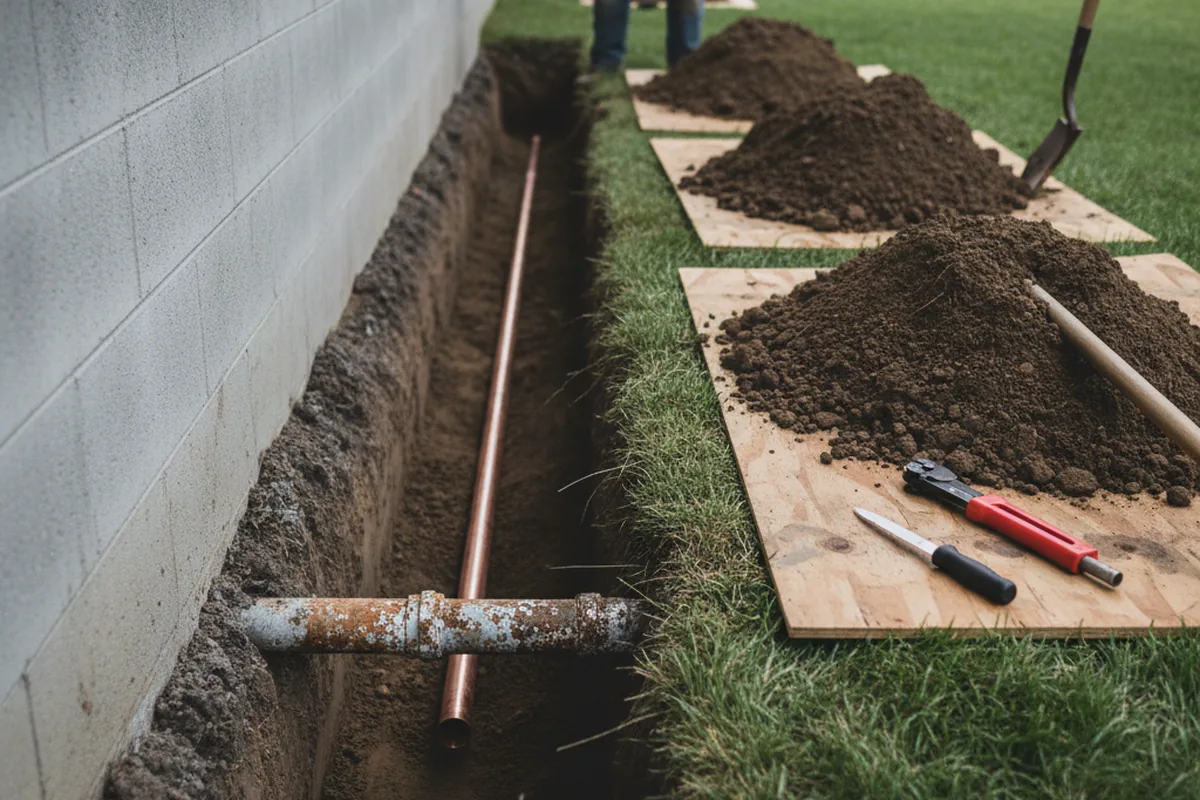 Excavated water line trench during Sewer Line Repair in Newry